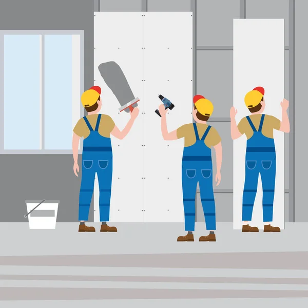 Los trabajadores ponen yeso, la instalación de paneles de yeso de placas de yeso en el interior. Ilustración vectorial, aislada. Industria de la construcción, reparación, nuevo hogar, interior del edificio — Vector de stock