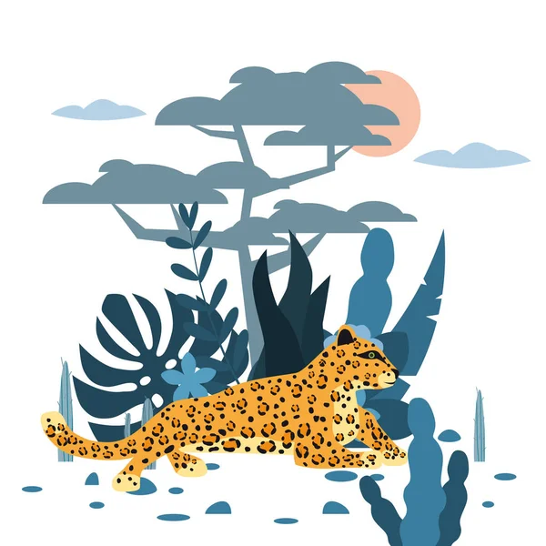 Niedlicher Leopard, Pflanzen- und Baumhintergrund, grafischer Trend-Stil, tierisches Raubtier Säugetier, Dschungel. Vektor, Illustration, isolierter Cartoon-Stil — Stockvektor