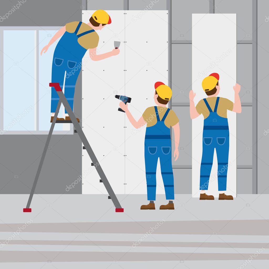 Workers put plaster on a stepladder, installing gypsum plasterboard panels in the interior