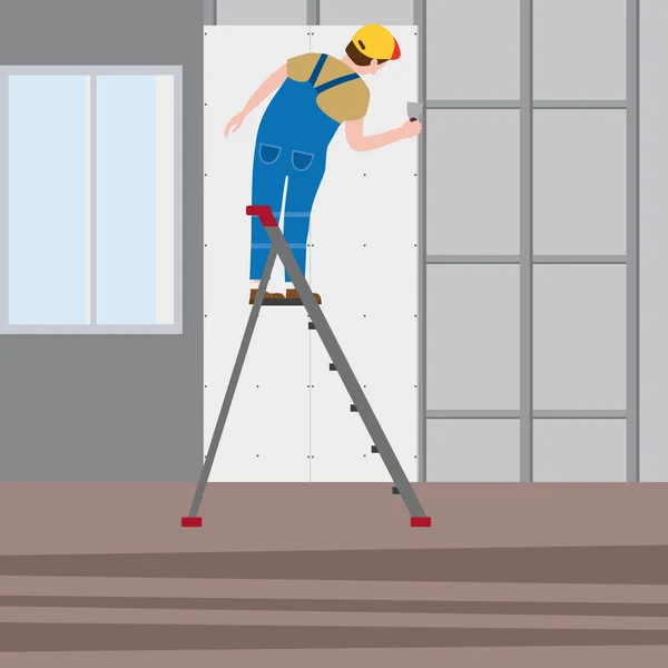 Il lavoratore professionista su una scala a pioli applica l'intonaco all'esterno. Illustrazione vettoriale, isolato. Industria edile, riparazione, nuova casa, interni degli edifici — Vettoriale Stock