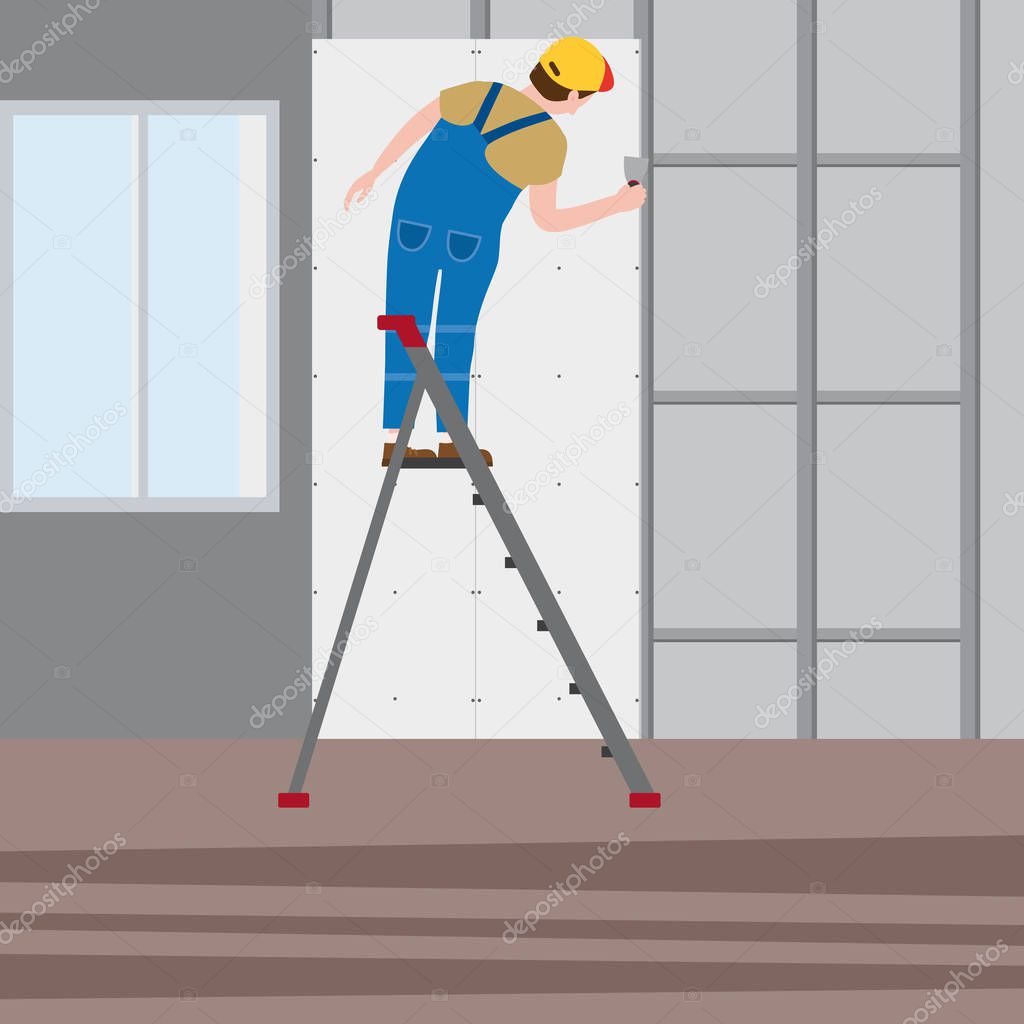 Professional working man on a stepladder applies plaster in imterior. Vector illustration, isolated. Construction industry, repair, new home, building interior