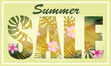 Yaz Satılık trendy tropikal yaprakları ve çiçekleri. Tasarım. egzotik bitkiler ve ebegümeci çiçek arka plan şablonu. Trend desen orman. Vektör, illüstrasyon, izole, poster, afiş, el ilanı