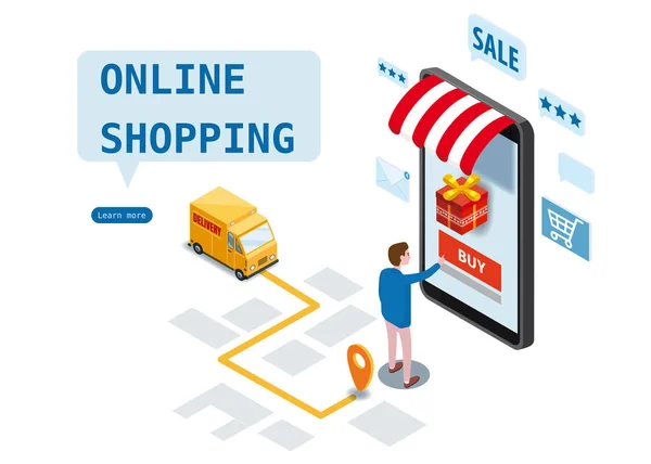 Shopping Online Design isométrico. Serviço de entrega expressa, serviço de correio. Smartphone comprador pede bens, caminhão de entrega, mapa da cidade, logística de transporte. Tecnologia de aplicações móveis. Modelo — Vetor de Stock