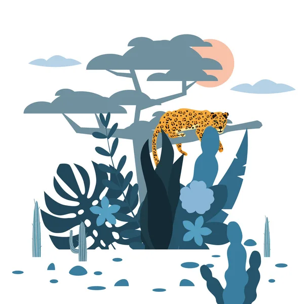 Leopardo seduto su un albero, carino, sfondo di piante e alberi, stile grafico di tendenza, mammifero predatore animale, giungla. Vettore, illustrazione, stile cartone animato isolato — Vettoriale Stock