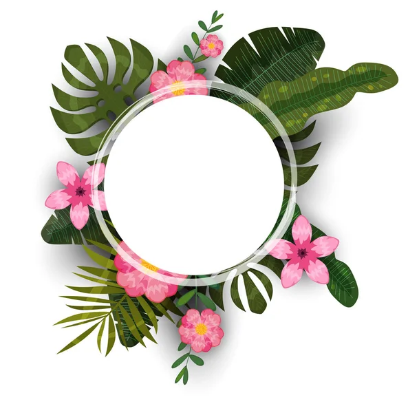 Sommer tropischen trendigen Hintergrund Vorlage von exotischen Pflanzen und Hibiskusblüten. Trendmusterdschungel. Vektor, Illustration, isoliert, Plakat, Banner, Flyer, Einladung — Stockvektor