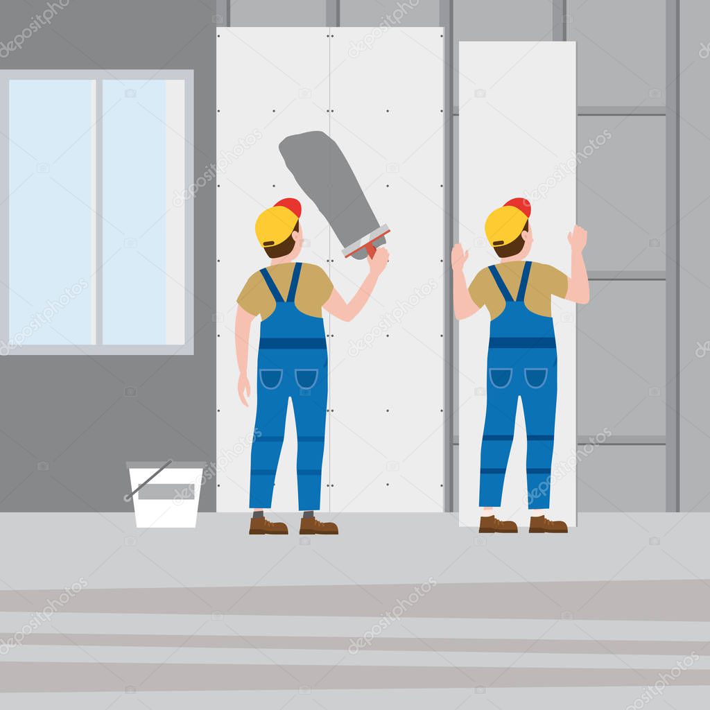 Workers put plaster, installing gypsum plasterboard panels in the interior. Vector illustration, isolated. Construction industry, repair, new home, building interior