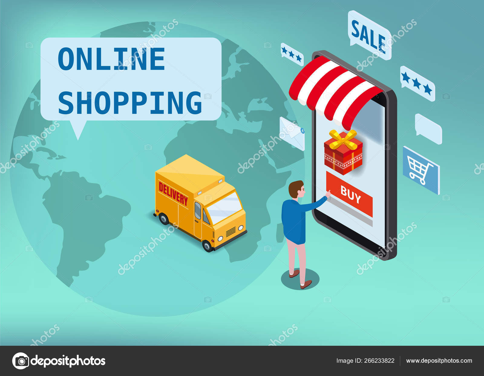 Online shopping, express delivery service, courier service. Isometric