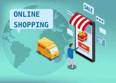 Online alışveriş, ekspres teslimat hizmeti, kurye hizmeti. İzometrik tasarım akıllı telefon alıcı siparişleri mal, teslimat kamyon, dünya haritası, nakliye lojistiği. Mobil uygulama teknolojisi. Açılış sayfası