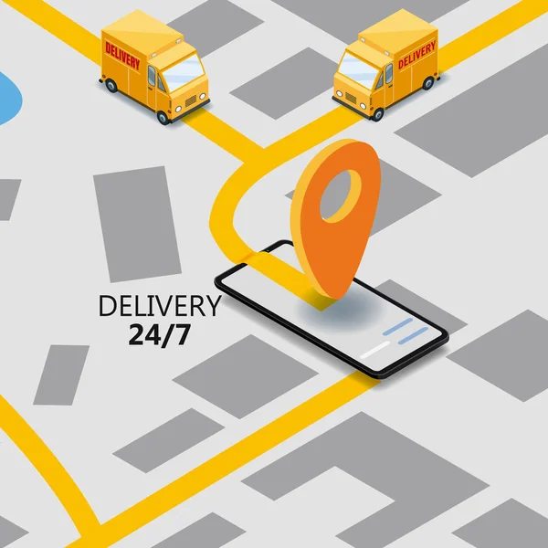 Isometry Express Last leverans rutt Navigation karta över staden, smartphone, van leveranspunkt, lastbil, vektor, GPS Navigation app, leveransväg av lasten Checkpoint. Vektor, illustration — Stock vektor