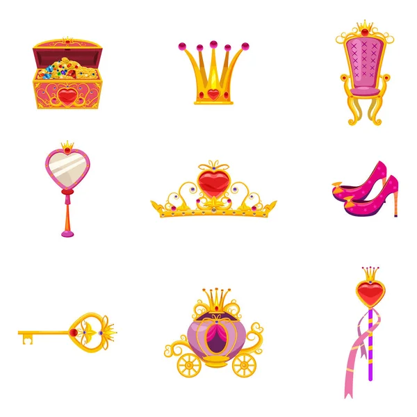 Definir elementos Fairy World Princess e atributos de design. Espelho, sapatos, varinha mágica, baú do tesouro, tiara, chave, coroa. Vetor, ilustração, estilo cartoon, isolado — Vetor de Stock