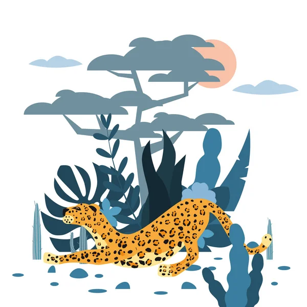 Niedlicher Leopard, Pflanzen- und Baumhintergrund, grafischer Trend-Stil, tierisches Raubtier Säugetier, Dschungel. Vektor, Illustration, isolierter Cartoon-Stil — Stockvektor