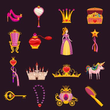 Set Prenses Dünya elemanları ve tasarım nitelikleri. Kale, ayna, taht, araba, ayakkabı, saç fırçası, sihirli değnek, hazine sandığı, taç, parfüm, anahtar, taç. Vektör, illüstrasyon, karikatür tarzı