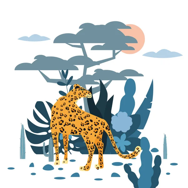 Leopardo bonito, planta e árvore de fundo, estilo de tendência gráfica, animal predador mamífero, selva. Vetor, ilustração, estilo cartoon isolado — Vetor de Stock