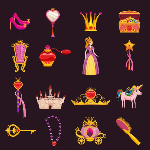 Установите элементы Princess World и продумайте дизайн. Замок, зеркало, трон, карета, обувь, расческа, волшебная палочка, сундук с сокровищами, тиара, духи, ключ, корона. Вектор, иллюстрация, стиль мультфильма — стоковый вектор