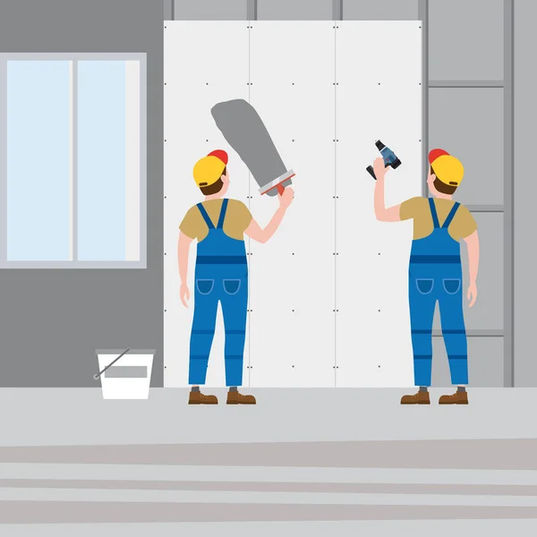 Workers put plaster, installing gypsum plasterboard panels in the interior. Vector illustration, isolated. Construction industry, repair, new home, building interior — 스톡 벡터