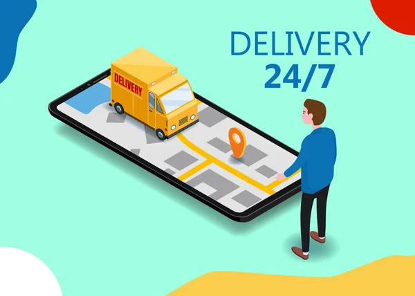 Isometry cargo delivery smartphone buyer, van, truck, route of navigation of the city map, point of delivery, vector, GPS navigation application, route of delivery of the cargo checkpoint. Landing