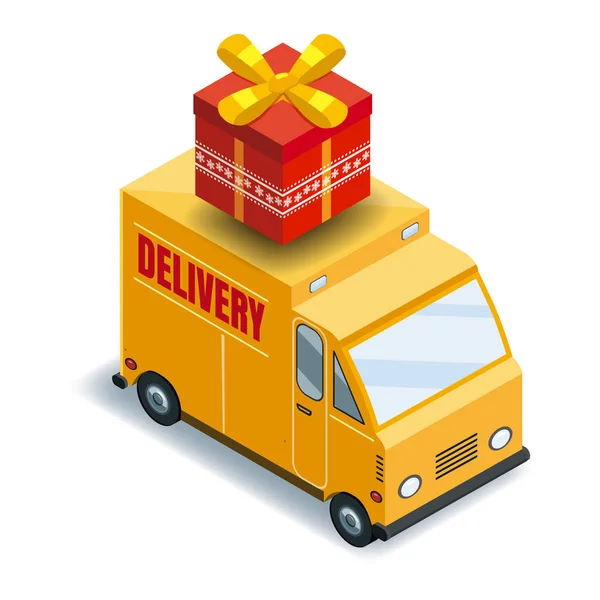 Isométrico camión de carga express entrega de concepto de mercancías, logística. Entrega rápida o transporte logístico, camión, furgoneta, vector, ilustración, aislado — Vector de stock