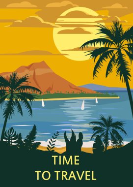 Retro Vintage Time to Travel tarzı seyahat afişi veya etiketi. Tropikal ada cenneti gün batımı, okyanus, plaj ve palmiye ağaçları. Yaz tatili tatili. Vektör, izole