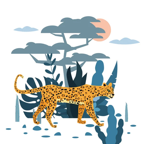 Niedlicher Leopard, Pflanzen- und Baumhintergrund, grafischer Trend-Stil, tierisches Raubtier Säugetier, Dschungel. Vektor, Illustration, isolierter Cartoon-Stil — Stockvektor