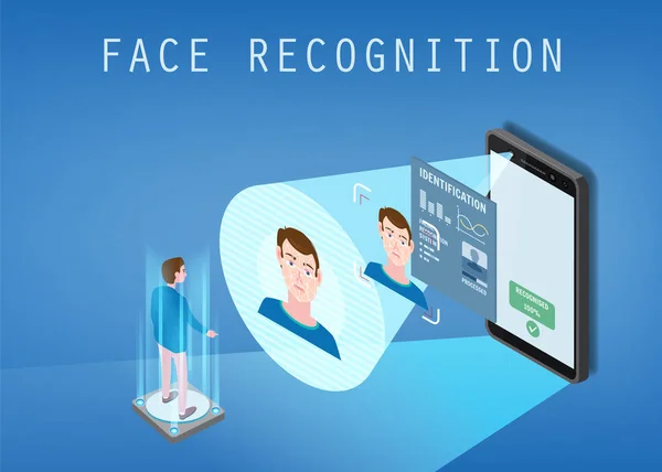 Diseño isométrico. El teléfono inteligente escanea la cara de una persona. Identificación biométrica, macho. El teléfono inteligente escanea la cara de una persona, formando una rejilla poligonal que consta de líneas y puntos. Móvil — Archivo Imágenes Vectoriales