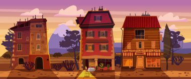 Landscape sunset summer, buildings, home, cafe, countryside, rural view, wild west, mountains, savannah desert, vector, illustration, cartoon style, isolated. For animation, games, applications