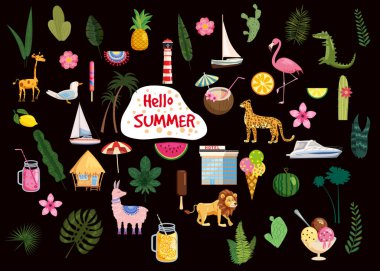Sevimli trendy merhaba yaz simgeleri gıda, içecekler, kaktüs, çiçek, palmiye yaprakları, meyve, dondurma, bungalov, otel, tekneler, tekneler, leopar, aslan, timsah, lama ve flamingo ayarlayın. Parlak yaz afişi