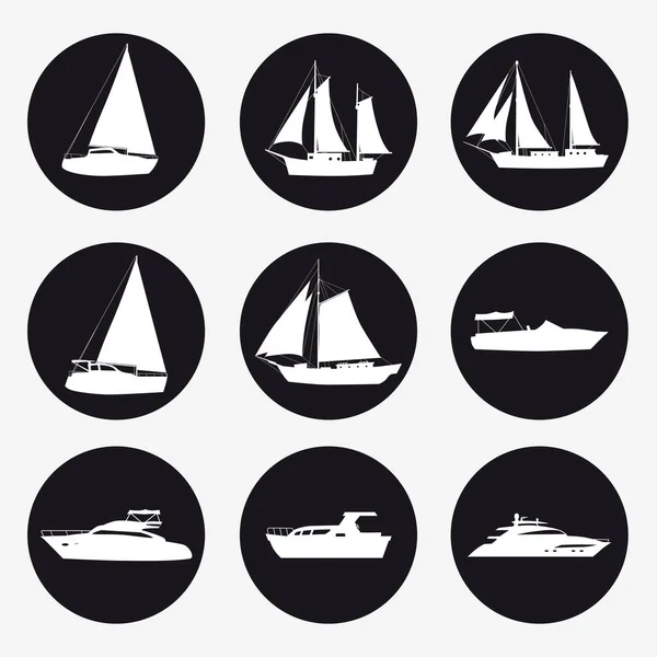 Set icons Ship, pleasure boat, speed boat, cruise ship, luxury yacht on black background for graphic and web design. Simple vector sign. Internet concept symbol for website button or mobile app