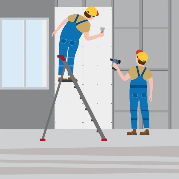 Los trabajadores ponen yeso en una escalera, instalando paneles de yeso en el interior. Ilustración vectorial, aislada. Industria de la construcción, reparación, nuevo hogar, interior del edificio — Vector de stock