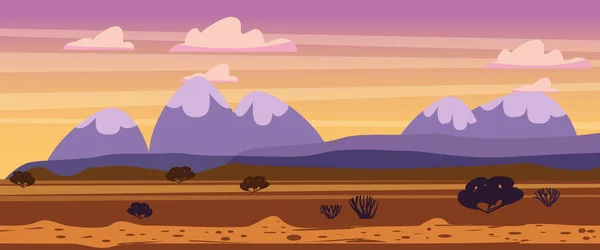 Paisaje puesta del sol verano, campo, vista rural, oeste salvaje, montañas, arbustos, desierto de sabana, vector, ilustración, estilo de dibujos animados, aislado. Para animación, juegos, aplicaciones — Vector de stock