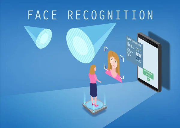 Ισομετρική σχεδίαση. Το smartphone σαρώνει το πρόσωπο ενός ατόμου. Βιομετρικά στοιχεία, θηλυκό. Το smartphone σαρώνει το πρόσωπο ενός ατόμου, σχηματίζοντας ένα πολυγωνικό πλέγμα αποτελούμενο από γραμμές και σημεία — Διανυσματικό Αρχείο
