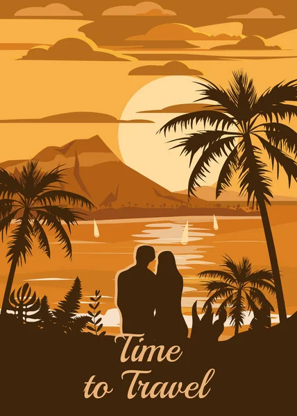 Cartel de viaje de estilo retro vintage o pegatina. Isla tropical paradisíaca pareja de amantes puesta de sol, océano, playa y palmeras. Vacaciones de verano. Vector, aislado — Vector de stock