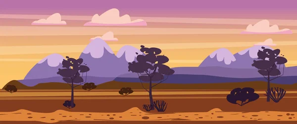 Paisagem pôr do sol verão, campo, vista rural, oeste selvagem, montanhas, árvores, arbustos, deserto de savana, vetor, ilustração, estilo cartoon, isolado. Para animação, jogos, aplicações — Vetor de Stock