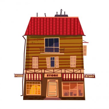 Bakkal, dükkan cephesi, bina. Yerel pazar mağaza ev tasarımı için vektör illüstrasyon. Karikatür tarzı, izole, vektör