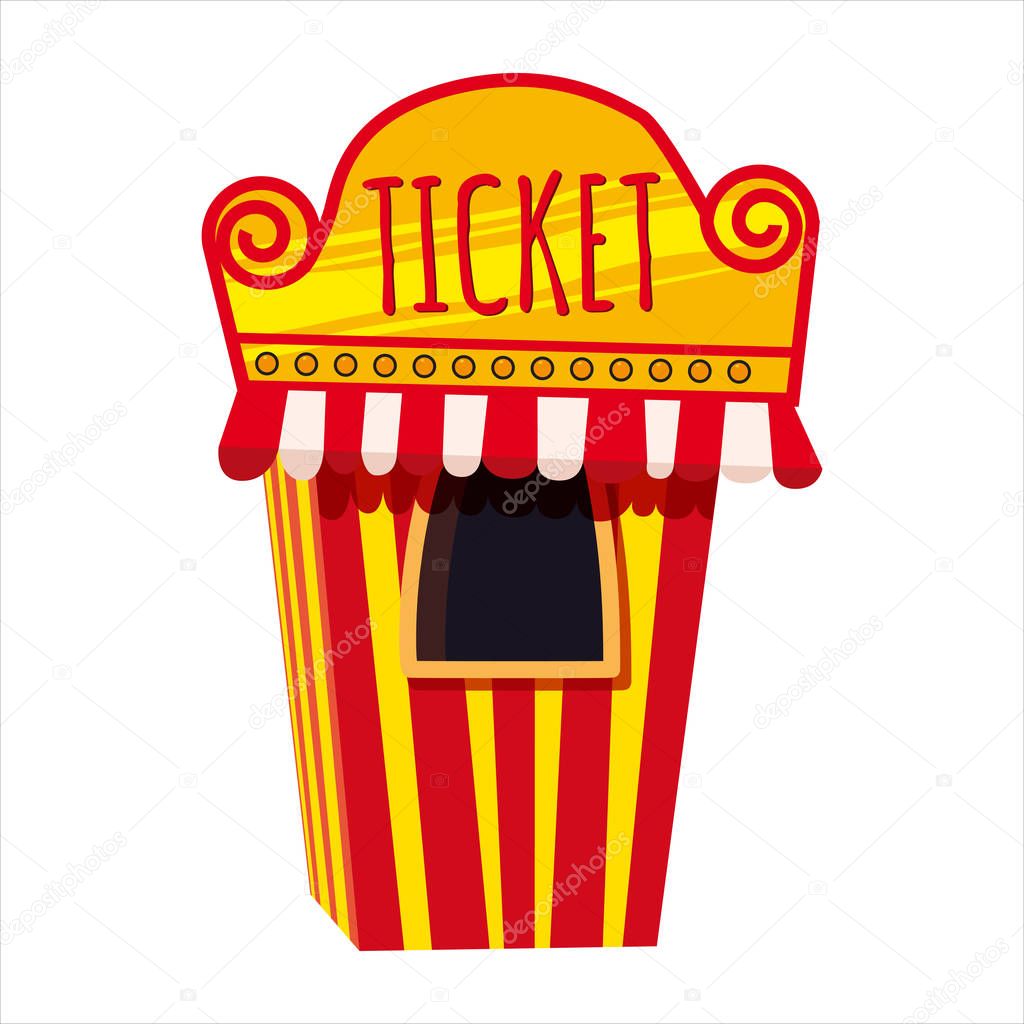 Ticket booth, office with yellow and red stripes, carnival, circus. Vector illustration, isolated, cartoon style