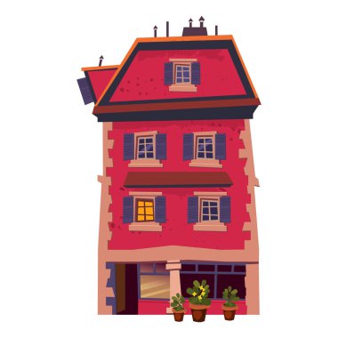 Bina evi, tarihi, eski mimari, sokak kafesi, çiçekler, şehir, şehir içi iş, restoran içinde özel bina konsepti. Vektör, illüstrasyon, izole, karikatür tarzı