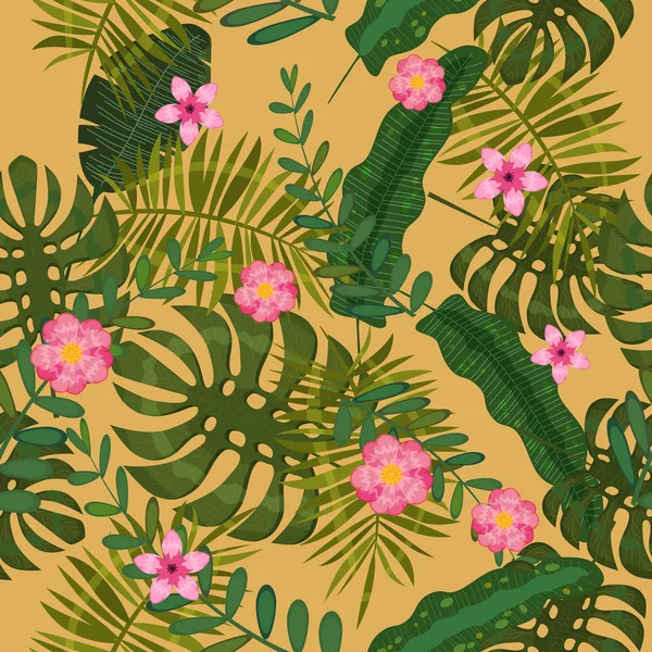 여름 원활한 이국적인 꽃 열대 야자수, 바나나 잎. 노란색 배경에 원활한 패턴 벡터입니다. 식물 꽃 자연 벽지, 고립 — 스톡 벡터