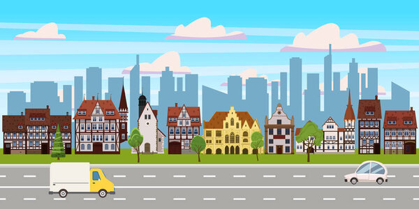 Cityscape, panorama horizontal view, old buildings architecture, skyscrapers modern buildings silhouettes in the background, road highway cars. Vector, illustration, cartoon, isolated