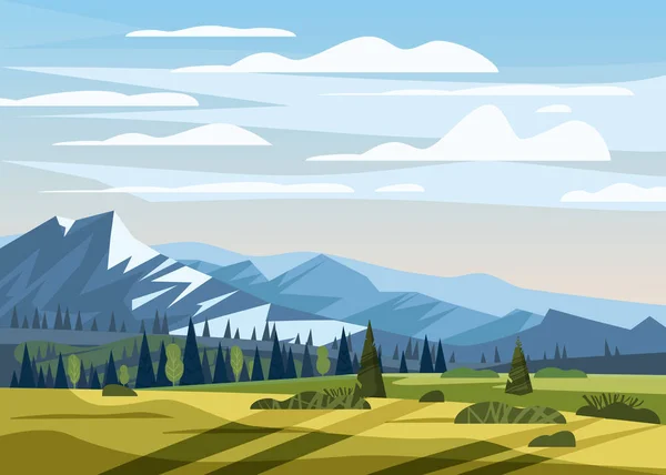 Berglandschap vallei landelijk platteland, groene weiden met bergen Panorama horizon in trendy platte stijl en felle kleuren. Vector, illustratie, geïsoleerd, baner, poster — Stockvector