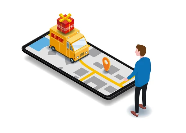 Isometry entrega de carga smartphone comprador, furgoneta, camión, ruta de navegación del mapa de la ciudad, punto de entrega, vector, aplicación de navegación GPS, ruta de entrega del punto de control de carga. Desembarco — Archivo Imágenes Vectoriales
