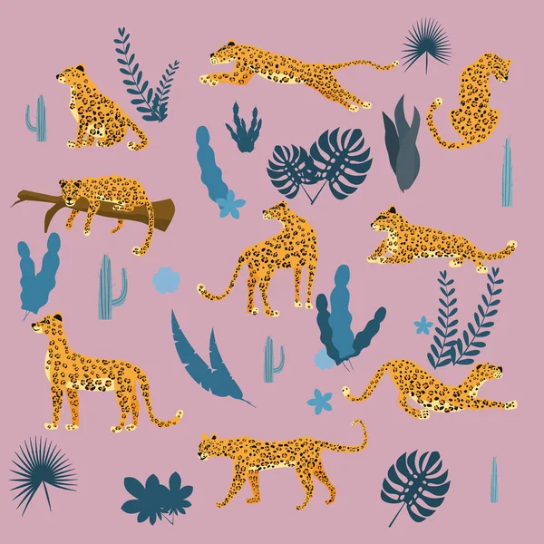 Conjunto de leopardos en varias poses, plantas, flores, exótico, gráfico lindo estilo de tendencia, depredador mamífero, selva. Ilustración vectorial del estilo de dibujos animados — Vector de stock
