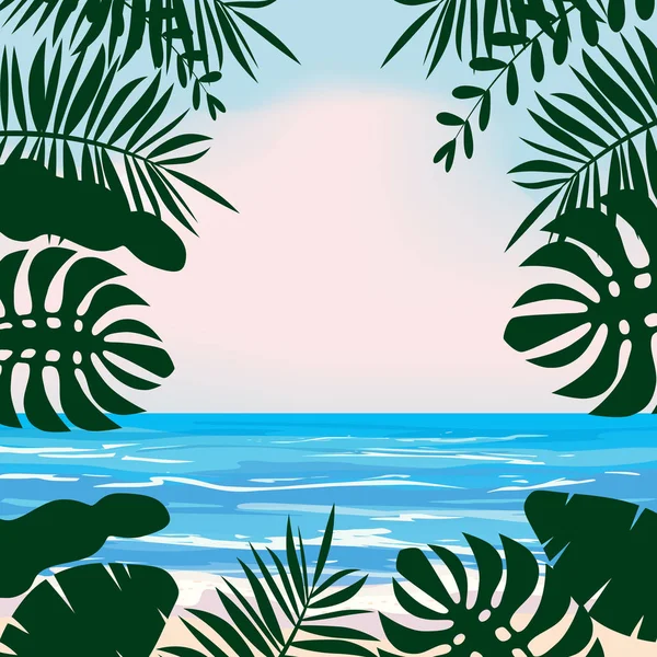 Sommar tropisk bakgrund med exotiska blomväxter lämnar Palm, Beach Ocean havsstranden, himmel, moln. Mall sommarsemester semester baner, affisch, Flyer, inbjudningskort vektor, isolerad — Stock vektor