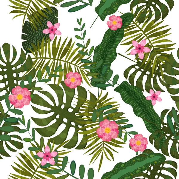 여름 원활한 이국적인 꽃 열대 야자수, 바나나 잎. 흰색 배경에 원활한 패턴 벡터. 식물 꽃 자연 벽지, 고립 — 스톡 벡터