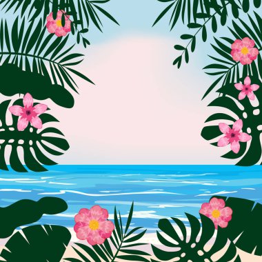 Egzotik çiçek bitkileri ile Yaz tropikal arka plan palmiye, plaj okyanus deniz kıyısı, gökyüzü, bulutlar bırakır. Şablon yaz tatili tatil baner, poster, el ilanı, davet kartı vektör, izole