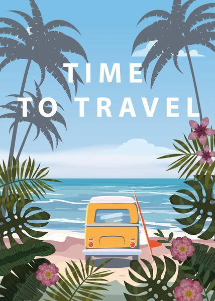 Tiempo para viajar Vacaciones de verano paisaje marino mar playa, costa, hojas de palma. tabla de surf del autobús, retro, hojas tropicales, palmeras, plantilla, vector, bandera, cartel, ilustración — Archivo Imágenes Vectoriales