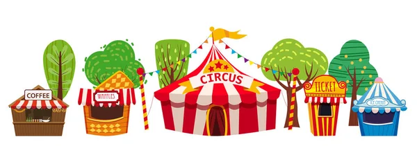 Parco divertimenti, un paesaggio con circo, carnevale, attrazione e intrattenimento, gelateria, tenda delle bevande, waffle, biglietteria. Illustrazione vettoriale, isolato, stile cartone animato, banner, volantino — Vettoriale Stock