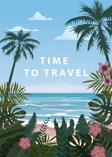 Time to Travel nyári szünet nyaralás tengeri táj tengeri tengeri tengerpart, tengerpart, pálma levelek. Retro, trópusi levelek, pálmafák, sablon, vektor, banner, plakát, illusztráció, izolált — Stock Vector
