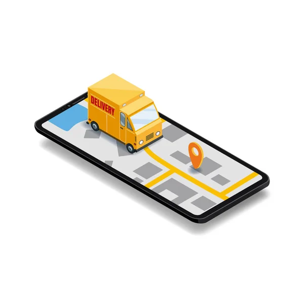 Online leverings concept. Smartphone met vrachtwagen, 3D vector isometrische digitale marketing illustratie mobiele toepassing. Concept marketing. Vector, web banner, geïsoleerd — Stockvector