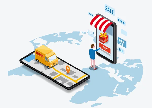 Online-Shopping und Online-Lieferkonzept. Smartphone mit Online-Shop, LKW, Käufer, 3D-Vektor isometrische digitale Marketing-Illustration mobile Anwendung. Konzeptmarketing. Vektor, Web-Banner — Stockvektor