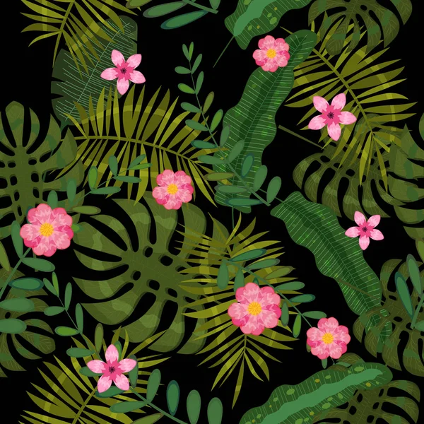 여름 원활한 이국적인 꽃 열대 야자수, 바나나 잎. 검은 색 배경에 원활한 패턴 벡터. 식물 꽃 자연 벽지, 고립 — 스톡 벡터