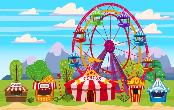 Zábavní park, krajina s cirkusem, kolotočem, karneval, atrakce a zábavou, zmrzlinový stánek, nápojový stan, vafle, pokladna. Vektorový ilustrace, izolovaný, kreslený styl, nápis — Stockový vektor